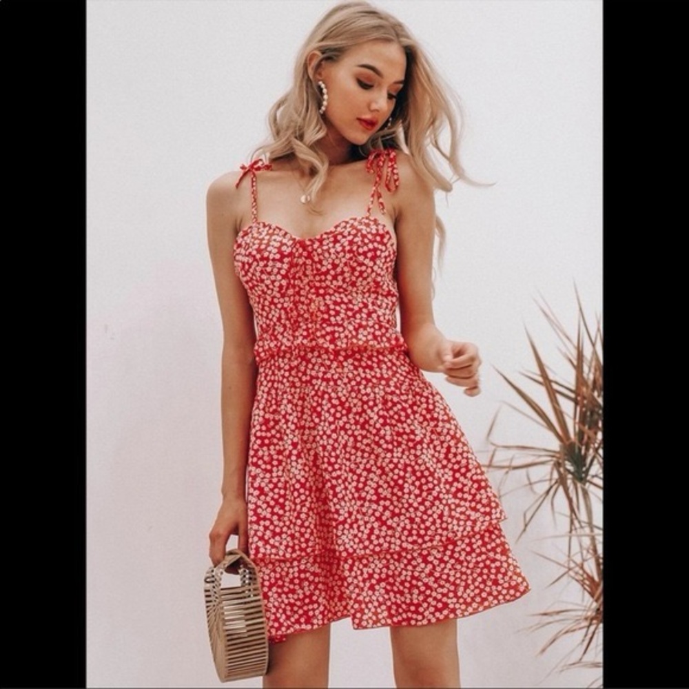 Simplee Red Ditsy Floral Print Boho Mini Dress